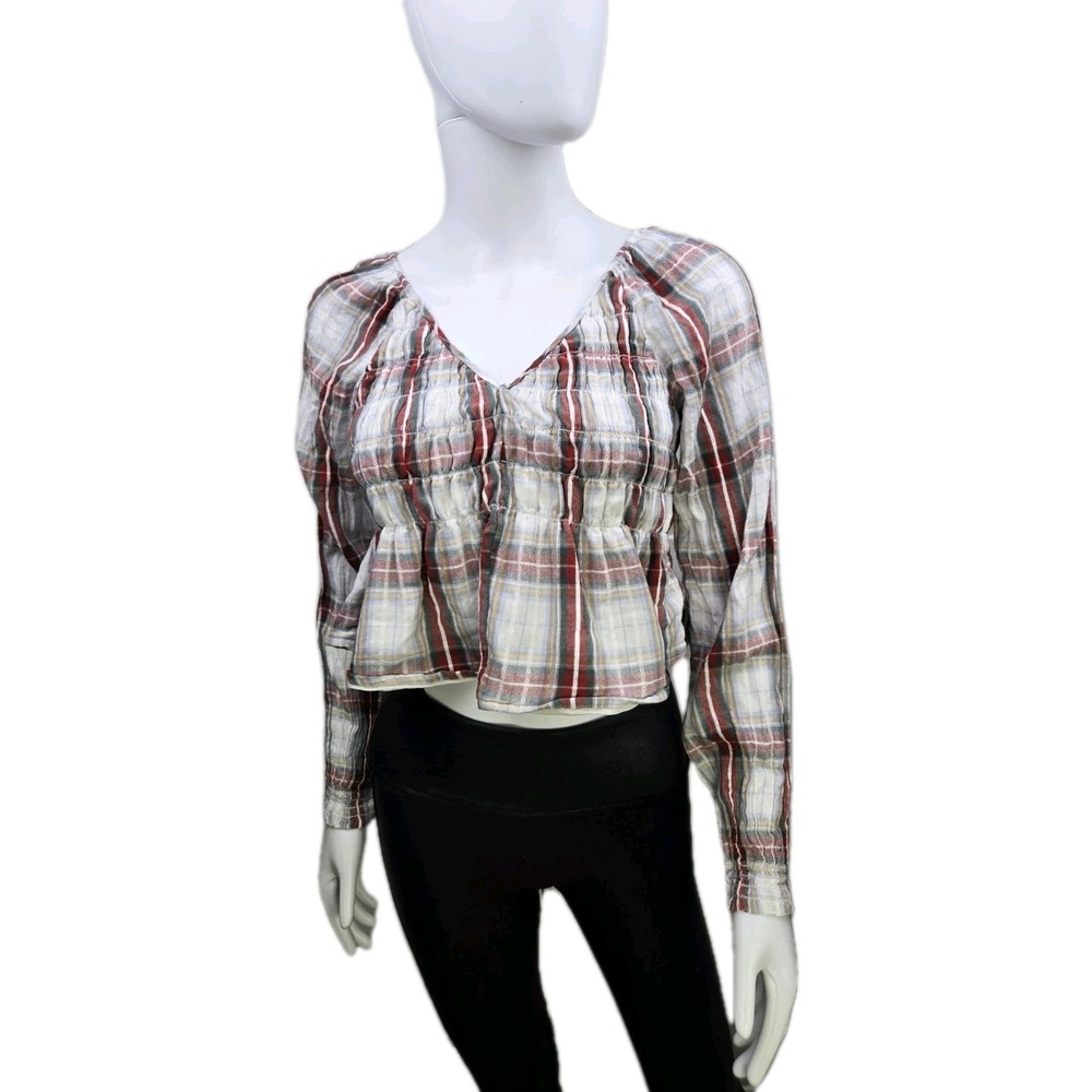 AMERICAN EAGLE Plaid Long Sleeves Smocked Cropped Y2K Baby Doll Top Small